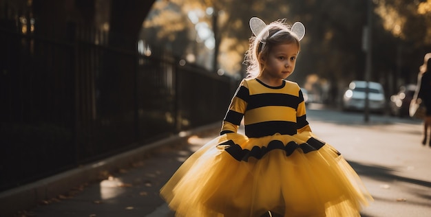 Klein meisje gekleed in een hommelhalloween-kostuum in de straat gegenereerd gouden uur ai
