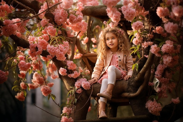 Klein meisje geniet van de lente kersenbloesems