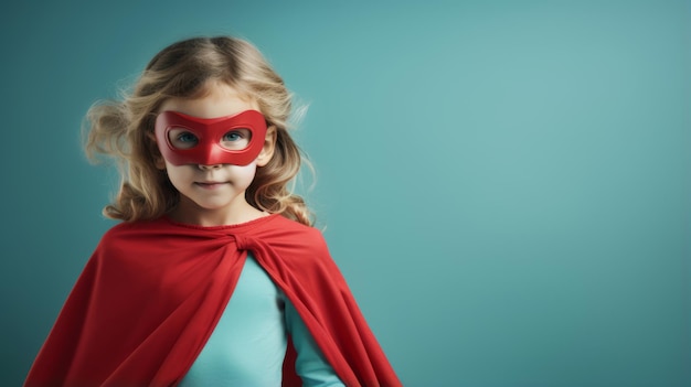 klein meisje in casual kostuum staande met de handen op de heupen in de studio Meisje in rode cape en masker kijken naar blauwe achtergrond
