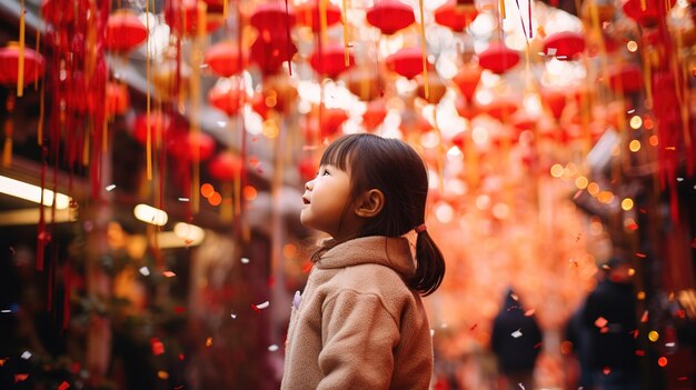 Klein meisje in Chinees Nieuwjaar versierde straat