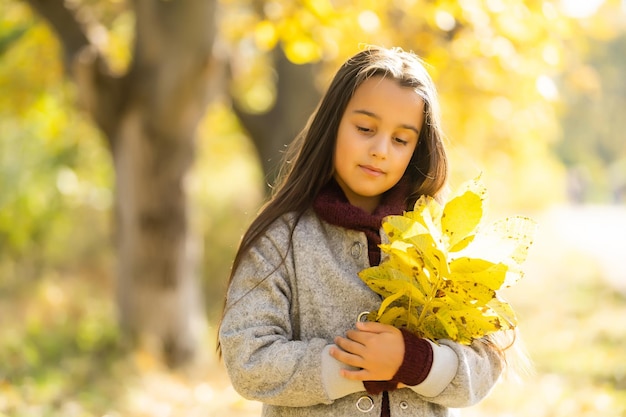 Klein meisje in een jas in de herfst met bladeren.