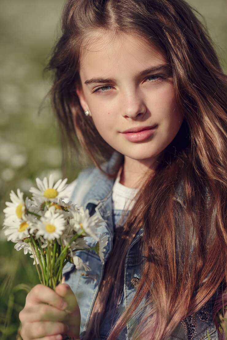 Foto klein meisje in een veld met madeliefjebloemen. het concept en idee van een gelukkige jeugd