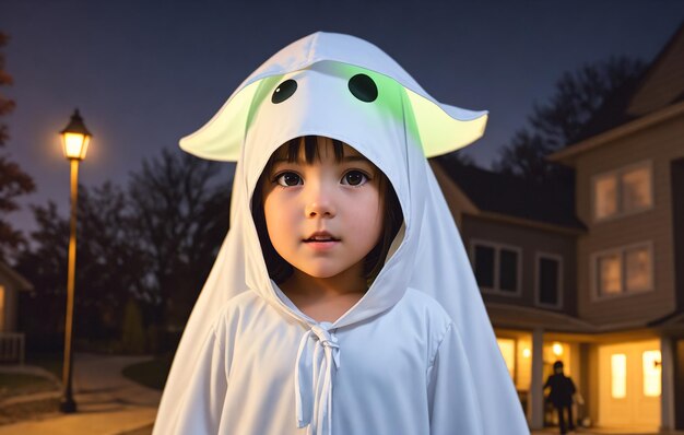 Foto klein meisje in halloween-kostuum in de stad 's nachts generatieve ai