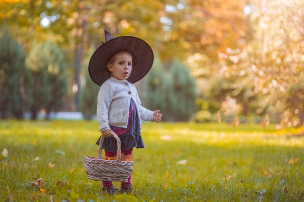 Klein meisje in heksenkostuum op halloween in herfstpark met mand vol gele bladeren jeugd
