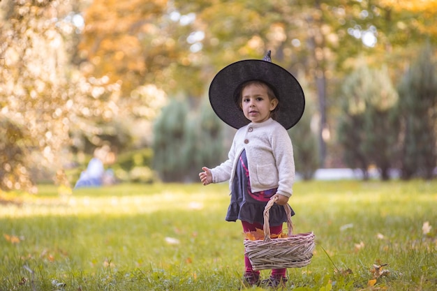 Klein meisje in heksenkostuum op halloween in herfstpark met mand vol gele bladeren jeugd