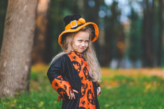 Klein meisje in heksenkostuum staat in het park in de herfst op Halloween-vakantie.