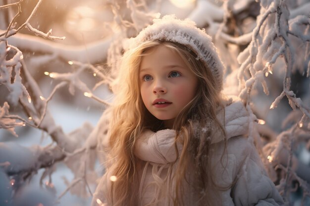 Klein meisje in het magische sneeuwwinterwoud.