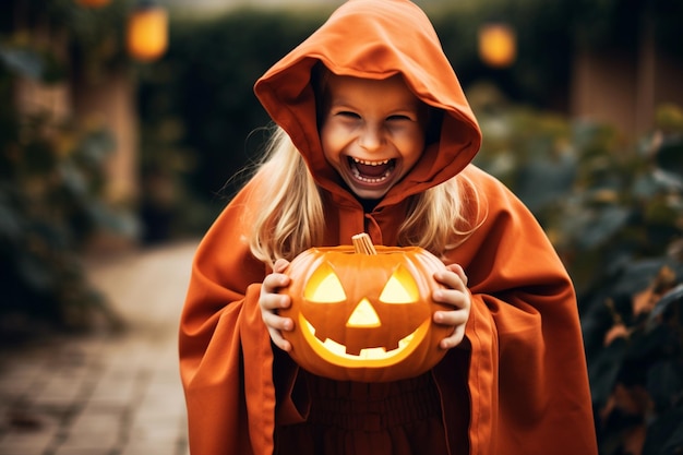 Klein meisje in zwart heksenkostuum met hefboom o lantaarn op Halloween