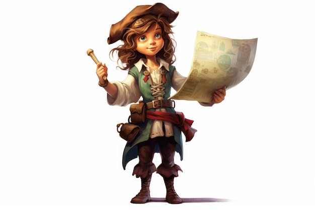 Klein meisje karakter verkleed als piraat met een schatkaart op witte AI gegenereerd