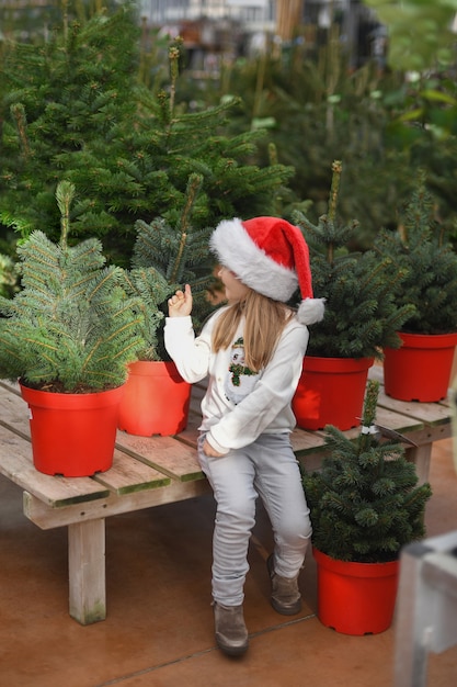 Klein meisje kiest een kerstboom op de markt.