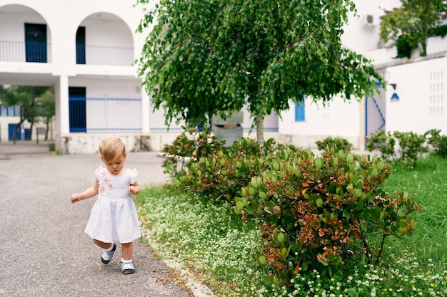 Klein meisje loopt langs de binnenplaats langs de struiken en bomen bij het huis