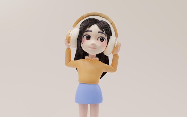 Klein meisje luisteren naar muziek met cartoon stijl 3D-rendering