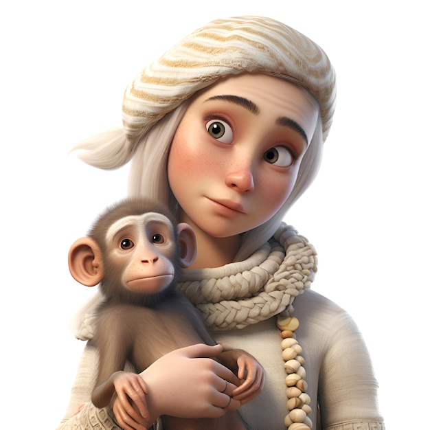 Klein meisje met aap op een witte achtergrond 3D illustratie