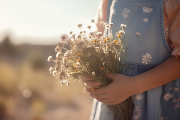 Klein meisje met boeket van wilde bloemen op onscherpe achtergrond close-up Buik van een schattig klein meisje zonder gezicht met bloemen AI gegenereerd