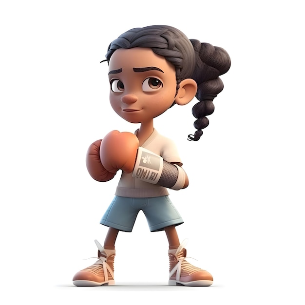 Klein meisje met bokshandschoenen op een witte achtergrond 3D-rendering