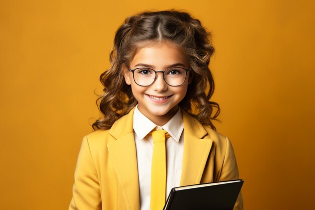 Klein meisje met bril schoolmeisje met leerboek op oranje gekleurde achtergrond