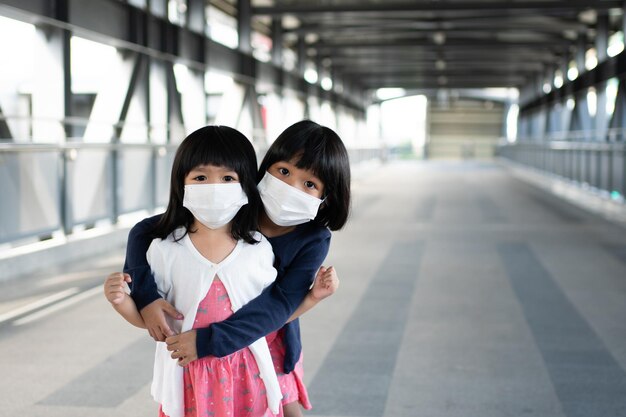 Klein meisje met chirurgisch masker gezichtsbescherming griep en virusuitbraak in het openbaar vervoer