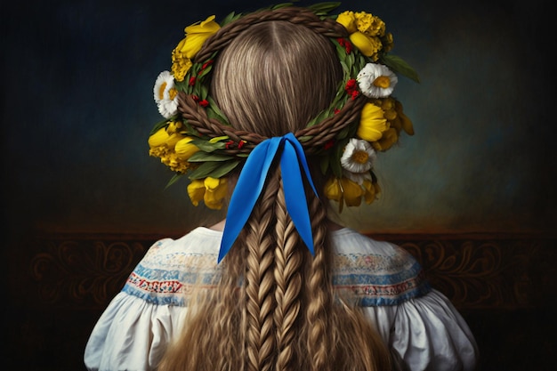 Klein meisje met een gevlochten vlecht van blauwgele linten een symbool van Oekraïne Generative AI