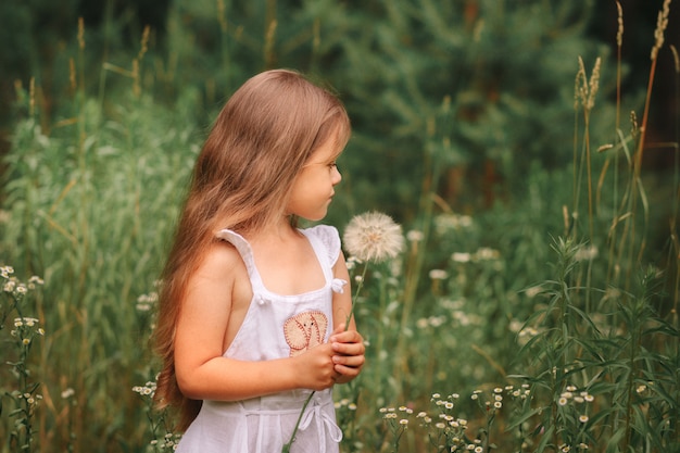 klein meisje met een grote paardebloem in de natuur in de zomer