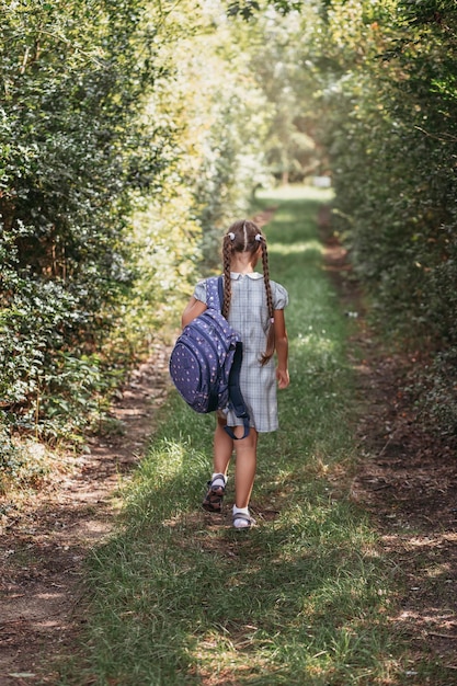 Klein meisje met een rugzak die naar school gaat achteraanzicht Vertical