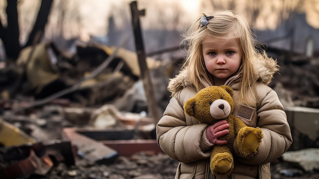 Klein meisje met een teddybeer in handen bijna vernietigd door Russische agressie slang in Oekraïne AI gegenereerde afbeelding