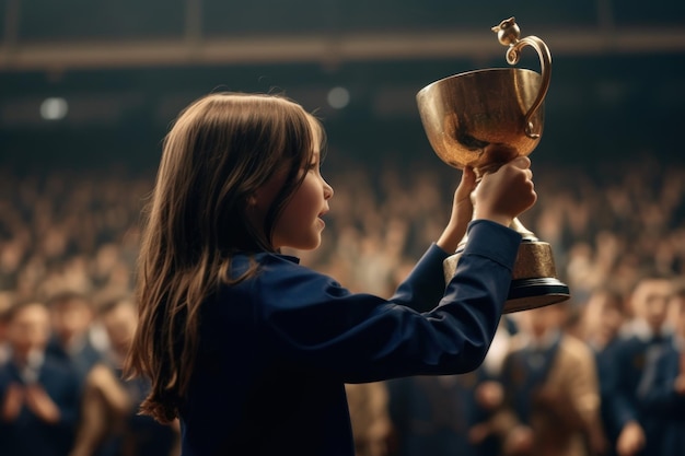 Klein meisje met een trofee op de achtergrond van het auditorium Generative AI