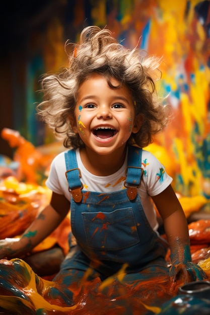 Klein meisje met haar haar in de lucht en geschilderd op haar gezicht Generatieve AI