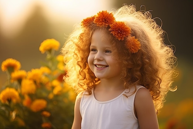 Klein meisje met krullend haar en een bloem in haar haar