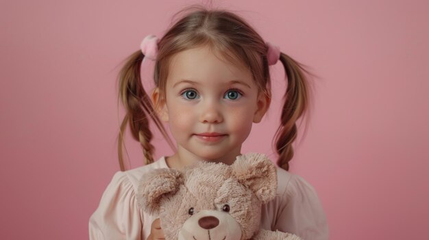 Klein meisje met pigtails met een teddybeer.