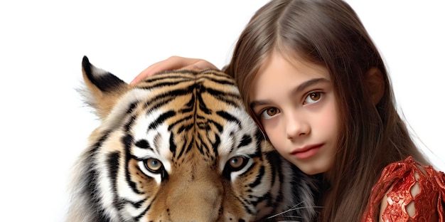 Klein meisje met tijger op een witte achtergrond Geïsoleerde afbeelding