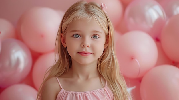 Klein meisje met veel roze ballonnen op een pastelroze achtergrond