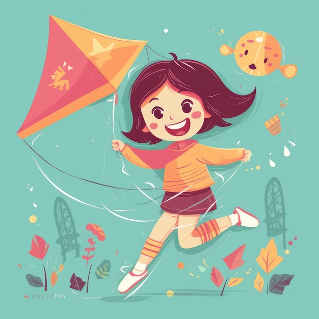 Klein meisje met vliegende vlieger cartoon afbeelding met generatieve ai