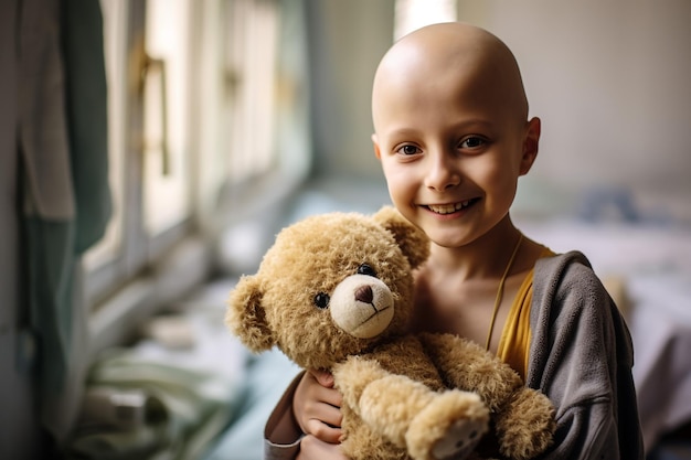 Foto klein meisje na chemotherapie met speelgoedbeer in de kliniek