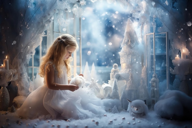 Klein meisje op een versierde kerstwinter achtergrond