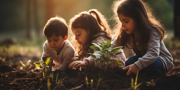 Klein meisje plant zaailingen in de tuin bij zonsondergang Selectieve focus