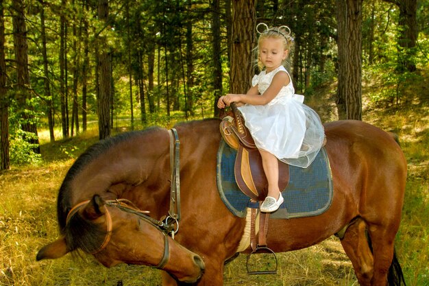 Klein meisje rijdt op een paard in het bos