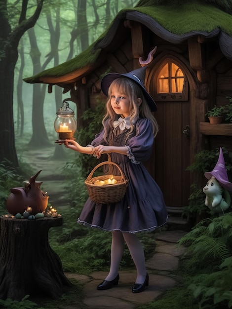 Klein meisje 's nachts Een fantastisch huis Het meisje houdt een oude lantaarn en een speelgoedbeer vast Kinder sto