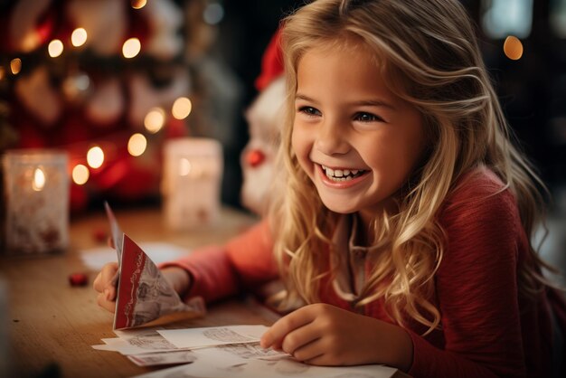 Foto klein meisje schrijft een brief aan de kerstman kerstwens generatieve ai