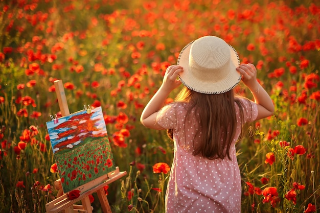 Klein meisje staat in het veld met rode klaprozen, schilderde een landschap en bewondert de zonsondergang