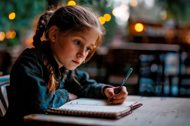 Foto klein meisje tekent in een schetsboek terwijl ze aan tafel zit in een buiten zomercafé