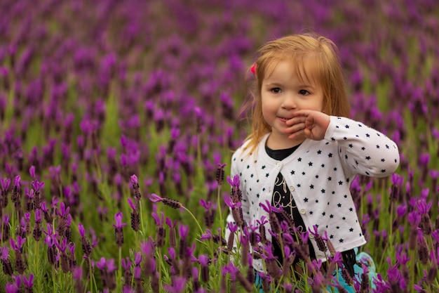 Foto klein meisje veegt de mond af en kijkt weg terwijl ze in het veld met wilde violette bloemen op het platteland staat