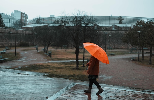 Foto klein meisje wandelen in het park op een regenachtige dag