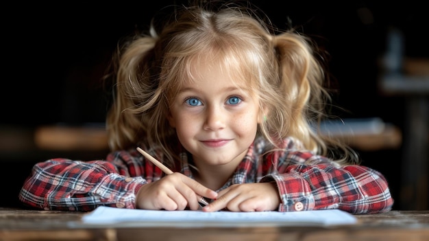 Klein meisje zit aan het bureau met een potlood