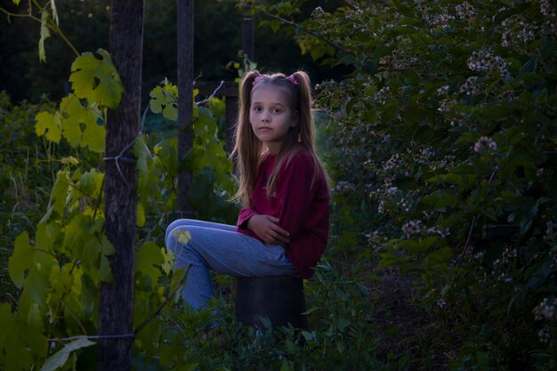 Klein meisje zit in de avondtuin in de buurt van de druiven