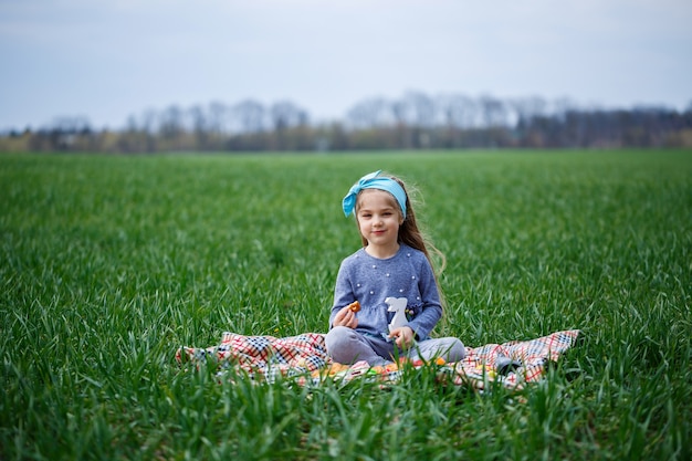 Klein meisje zit op de sprei en eet koekjes en marmelade, groen gras in het veld, zonnig lenteweer, glimlach en vreugde van het kind, blauwe lucht met wolken