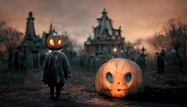 Klein monster en schedel van pompoen in Halloween-stad