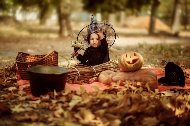 Klein mooi meisje in een zwarte jurk en een magische hoed zit in het bos op een warme herfstdag