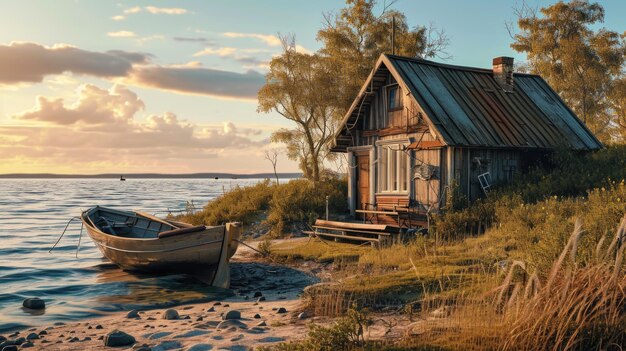 Klein oud houten huis en een boot op de oever van de rivier Rust buiten de stad Ontspannen AI generatieve