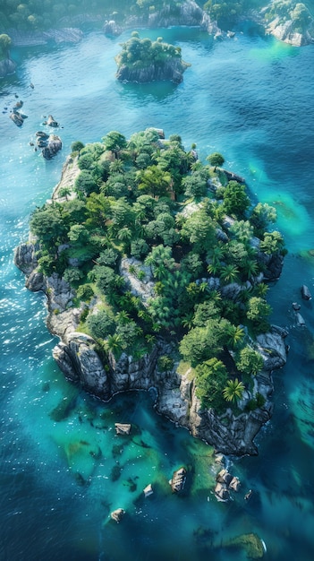 Klein rotsachtig eiland met groene vegetatie in het midden van de oceaan