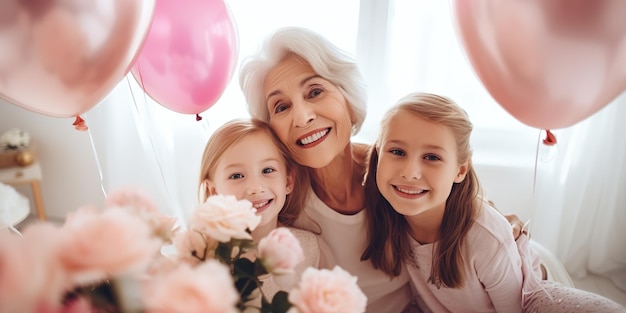 Klein schattig meisje haar aantrekkelijke jonge moeder en charmante grootmoeder staan met ballonnen en bloemen in een lichte kamer